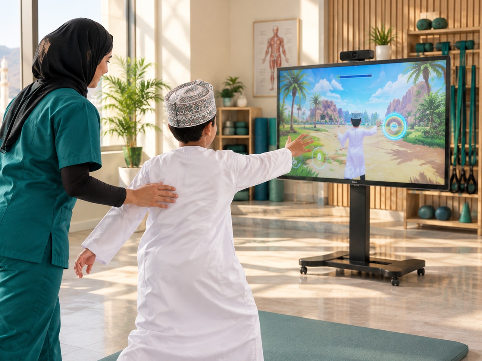 A patient playing a movement-controlled rehabilitation game