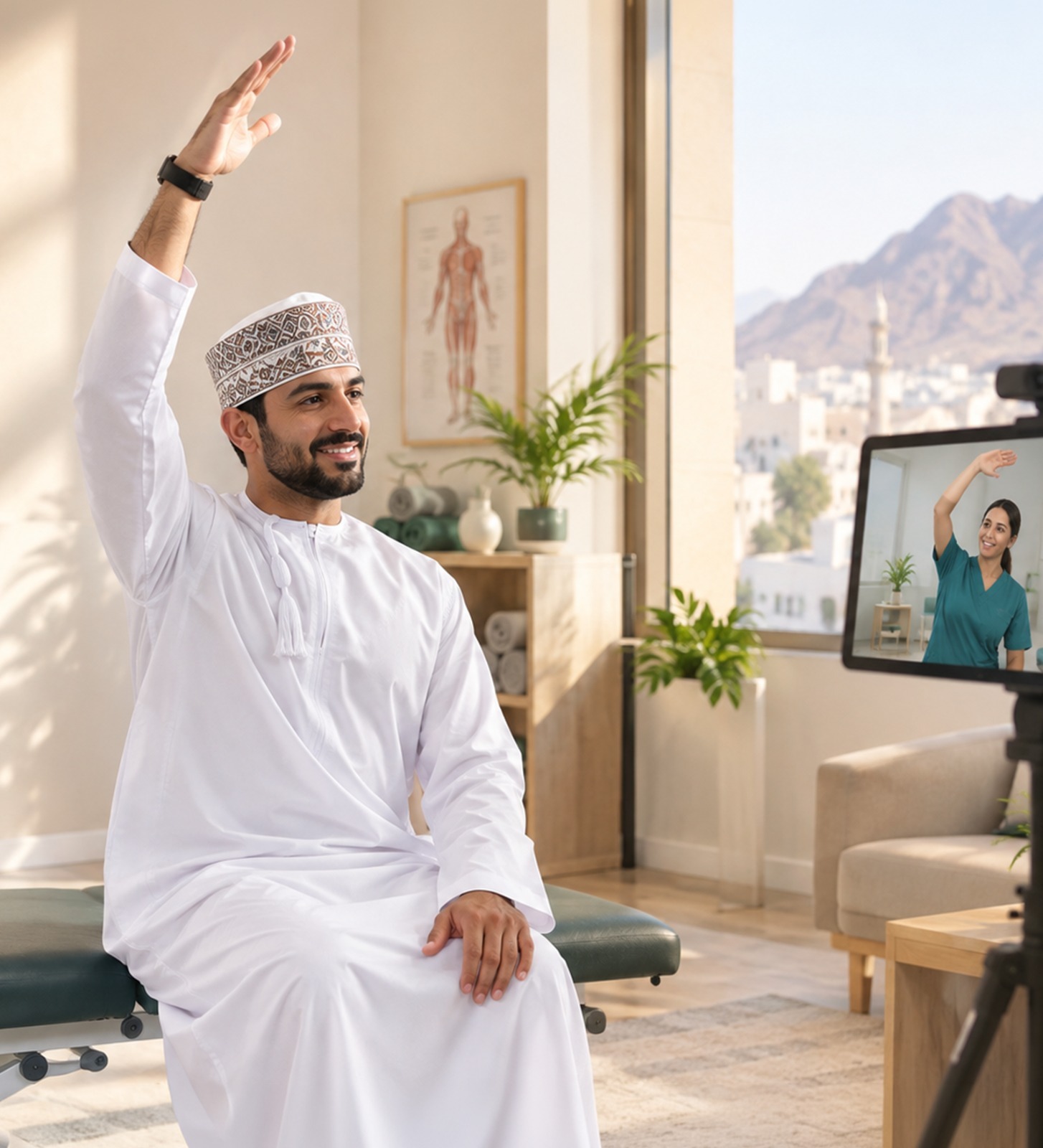 A patient doing a guided rehabilitation exercise in front of the camera